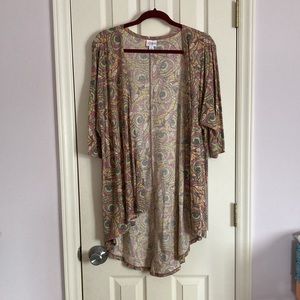 Lularoe Lindsay cardigan. Black/green/pink owl pattern. S. Used, like new.